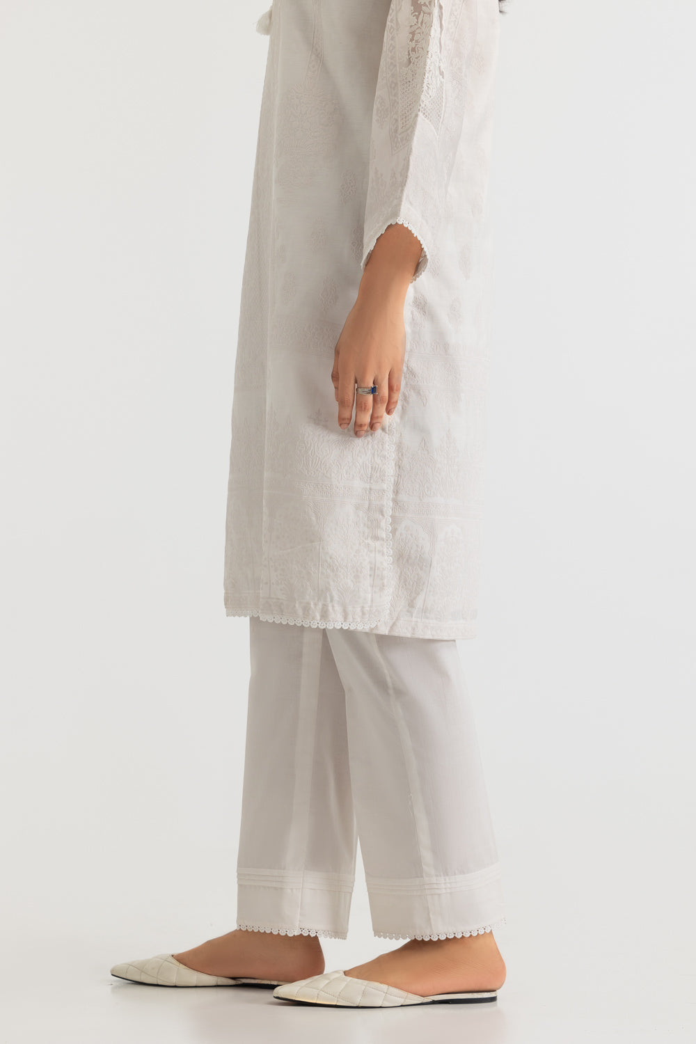 3Pc Paper Cotton Flock Printed Suit With Embroidered