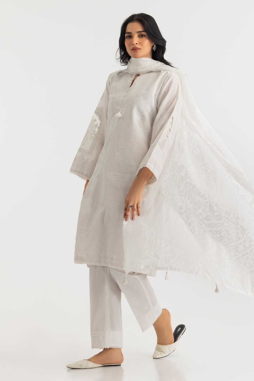 3Pc Paper Cotton Flock Printed Suit With Embroidered