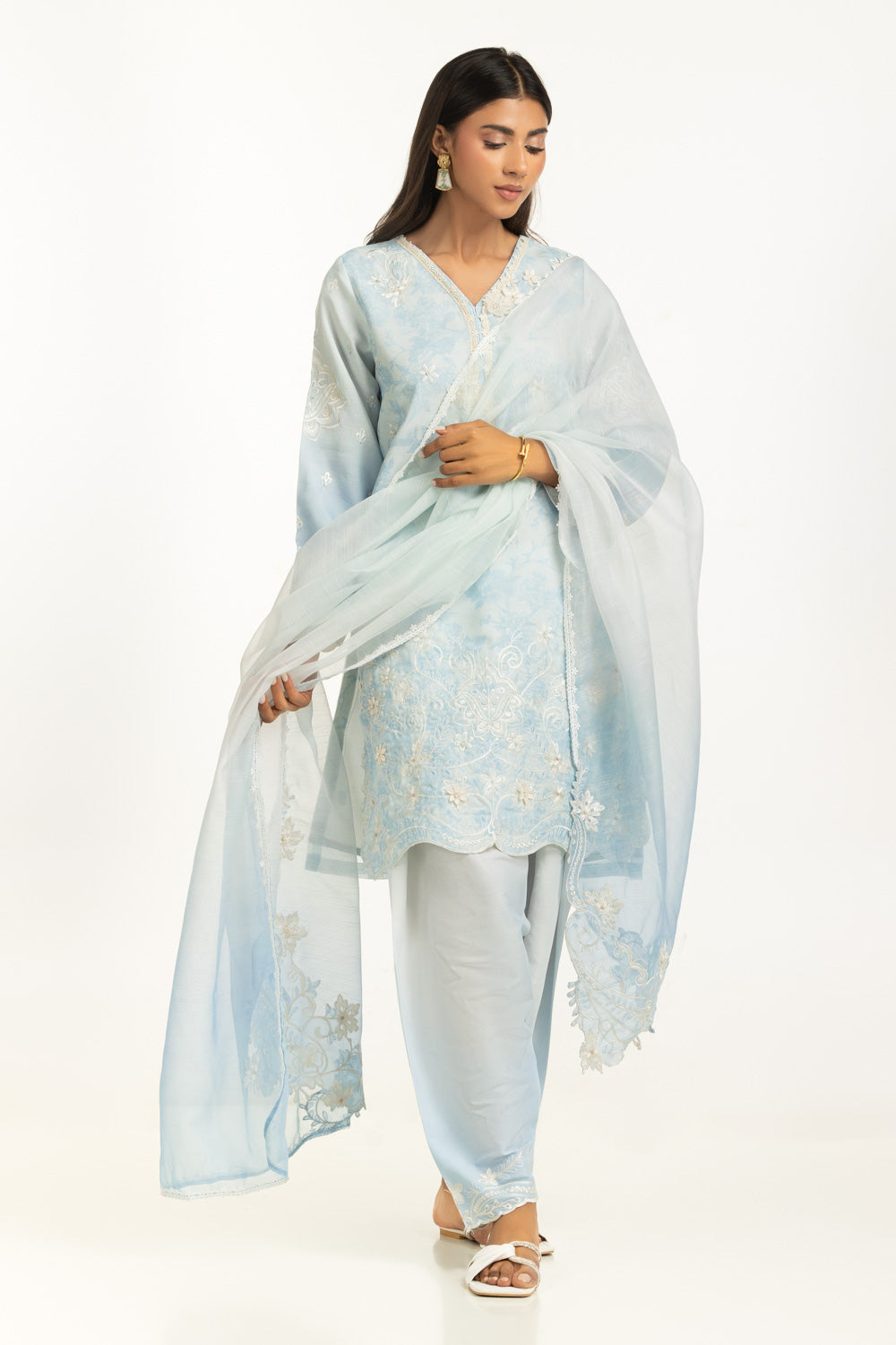 3Pc Poly Slub Printed Suit With Embroidered