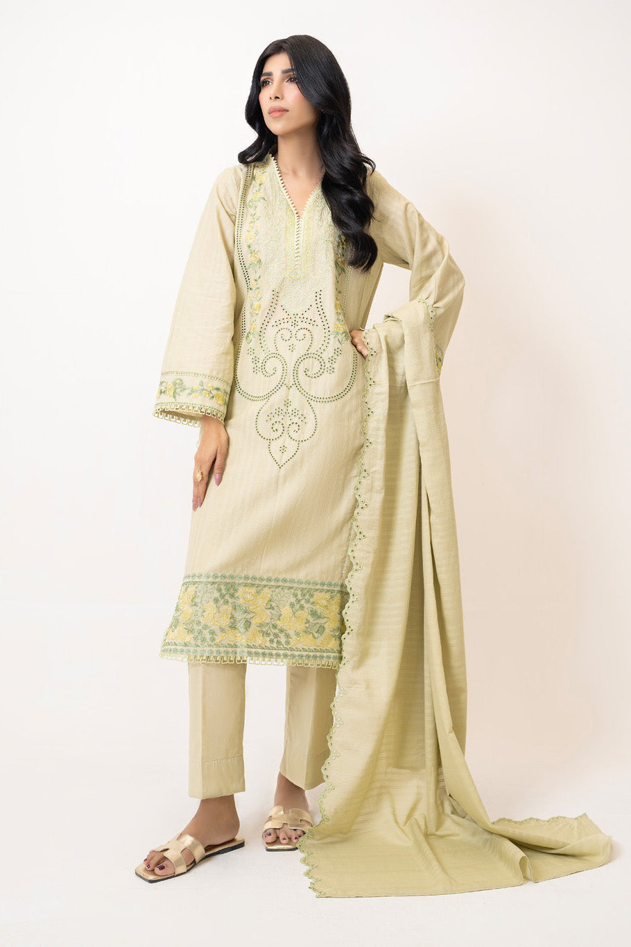 3PC Zari Stripe Embroidered Suit