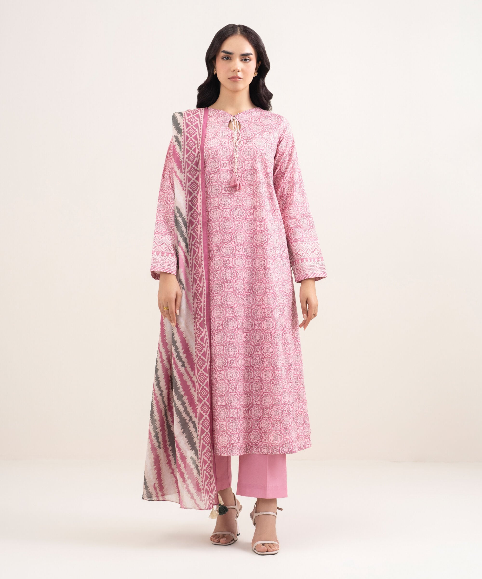 Women's Unstitched Lawn Printed Pink 3 Piece Suit