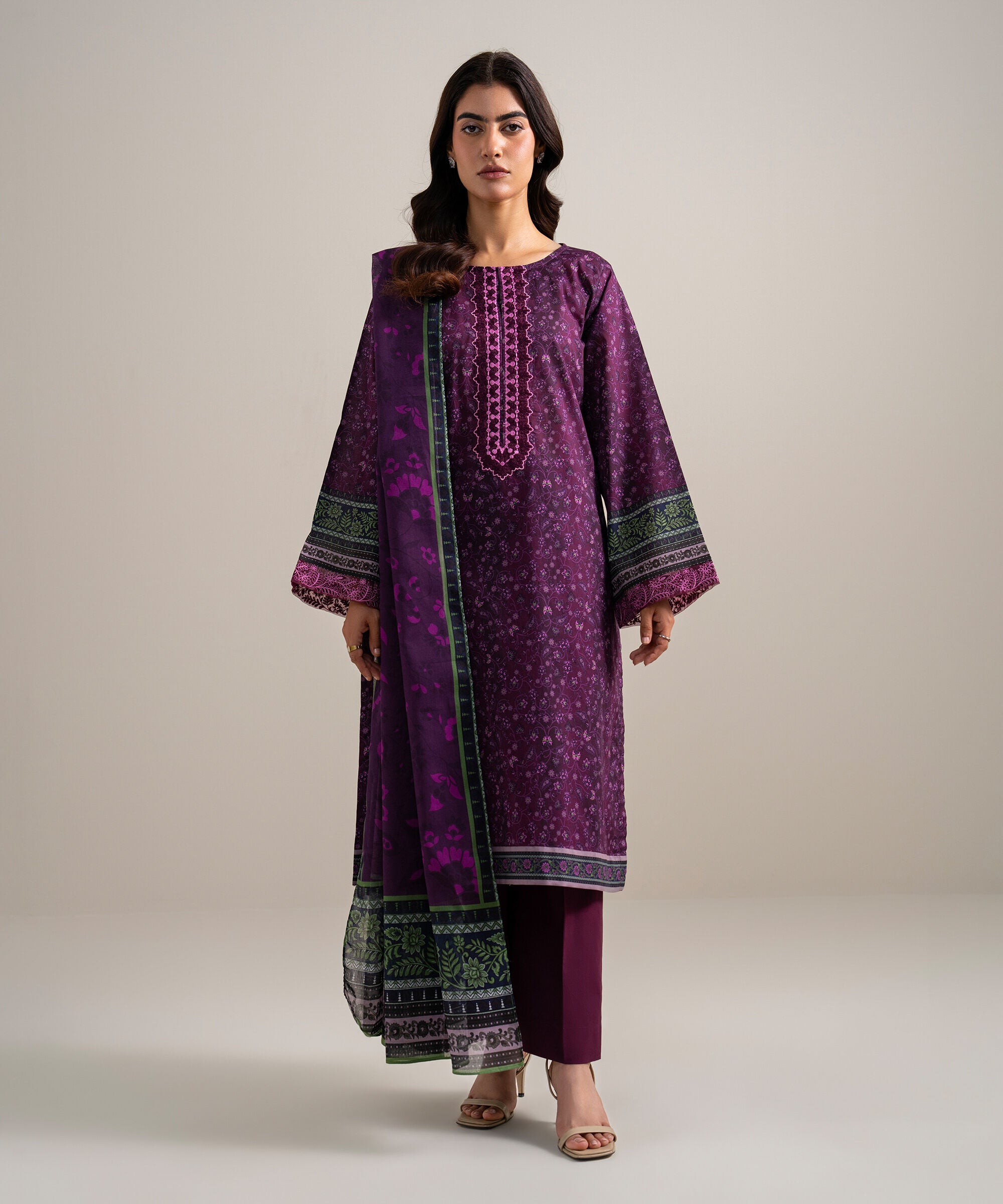 Women's Unstitched Lawn Embroidered Plum 3 Piece Suit