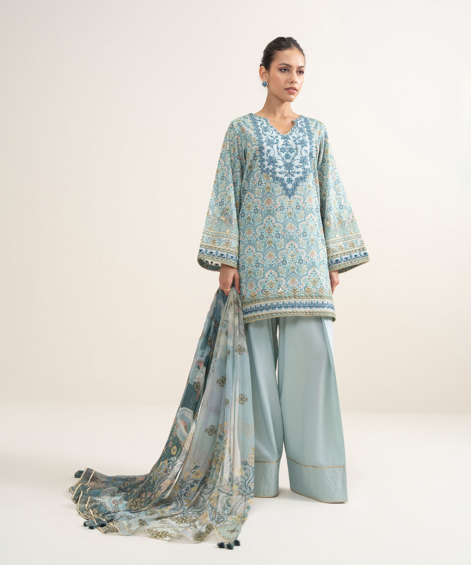 Women's Unstitched Lawn Embroidered Aqua 3 Piece Suit