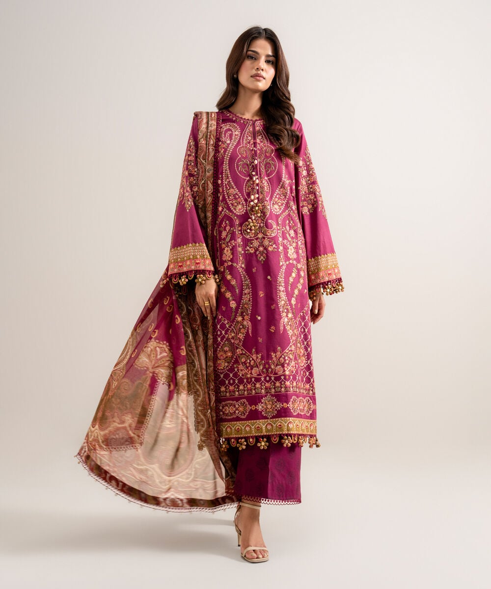 3 Piece - Embroidered Cotton Satin Suit 3PELXS26V830