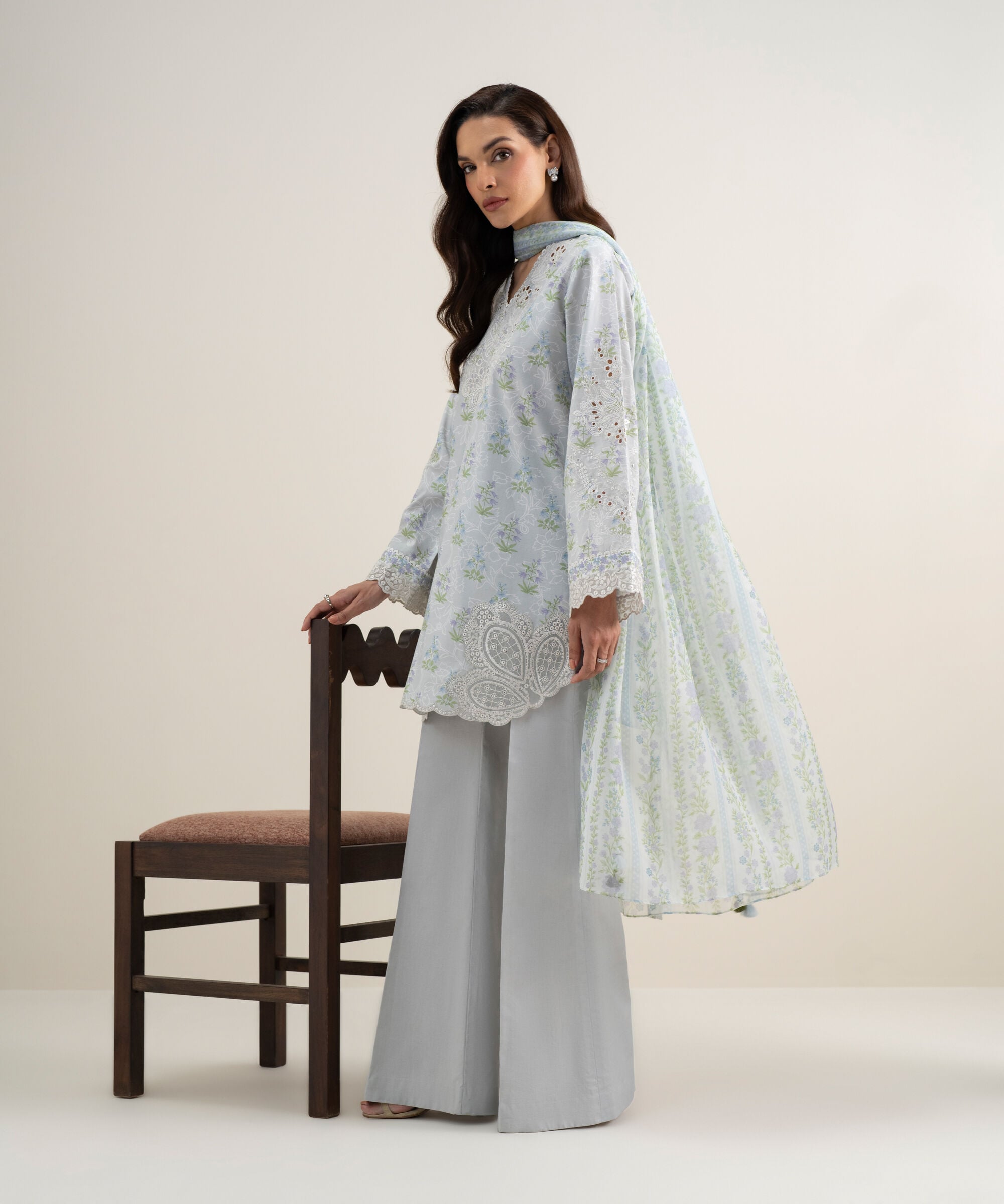 Women's Unstitched Lawn Embroidered Light Grey 3 Piece Suit