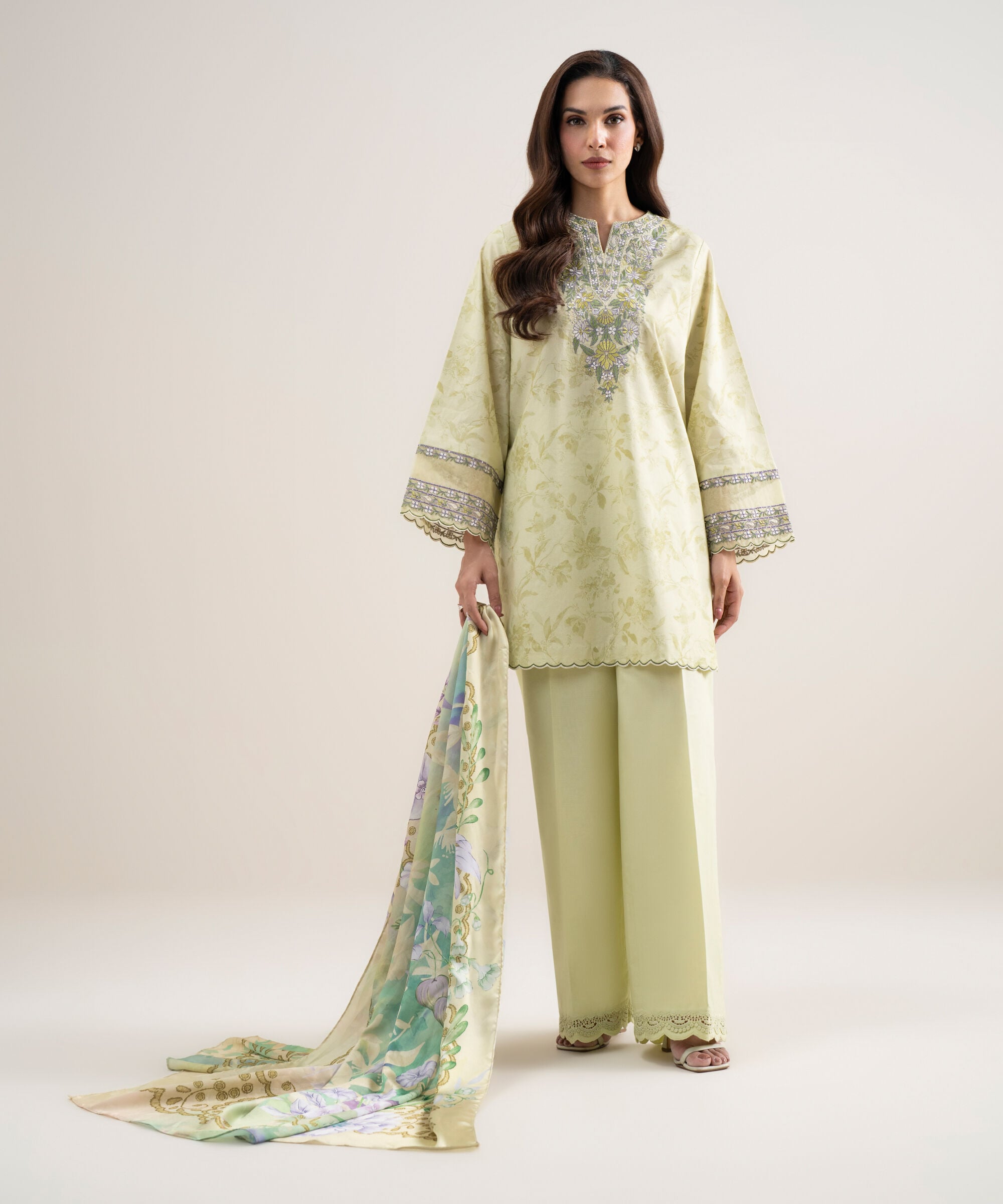 Women's Unstitched Lawn Embroidered Lime Yellow 3 Piece Suit