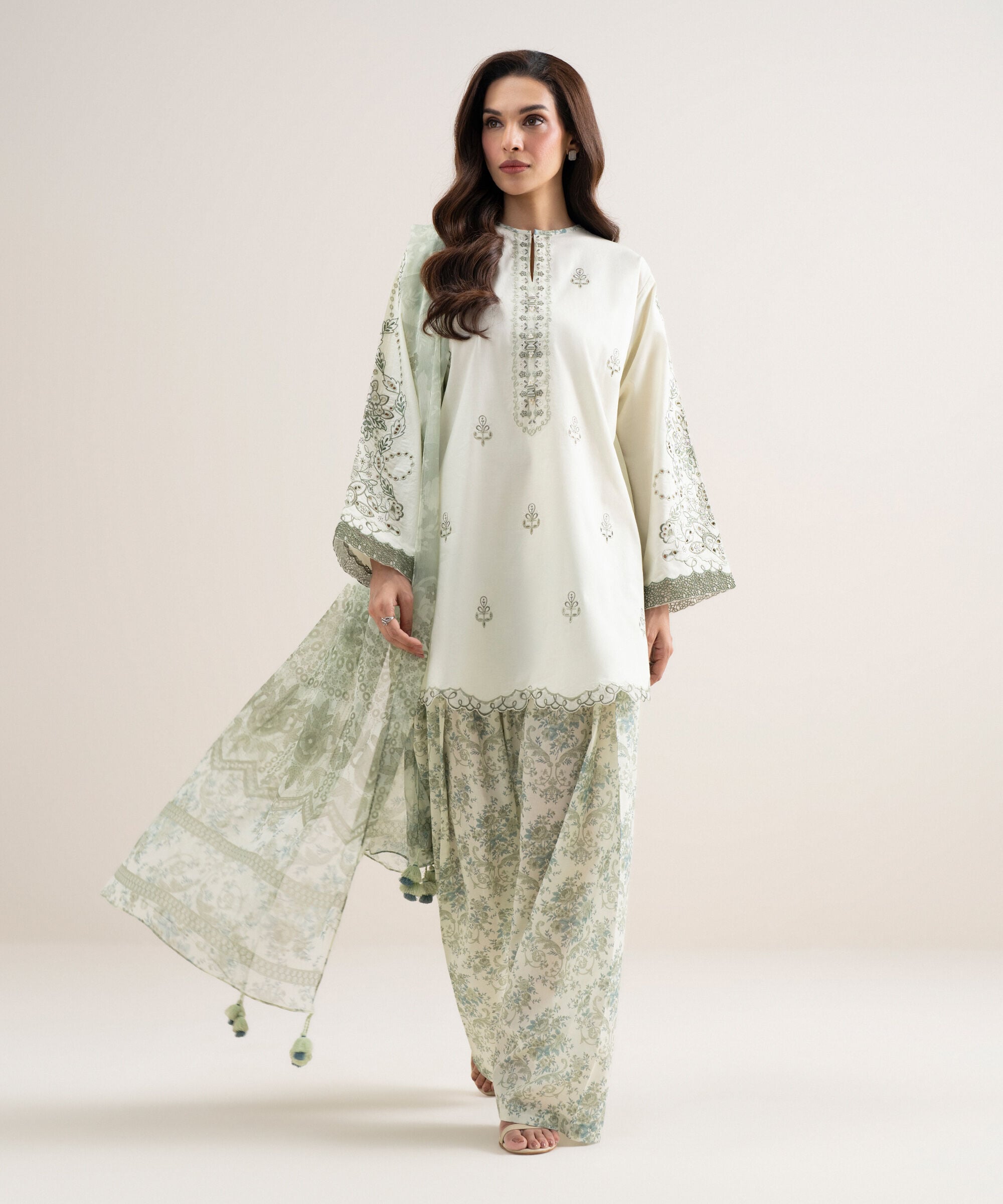 Women's Unstitched Lawn Embroidered Off White 3 Piece Suit