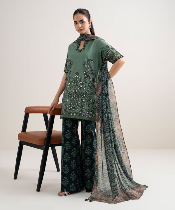 3 Piece - Embroidered Cotton Satin Suit