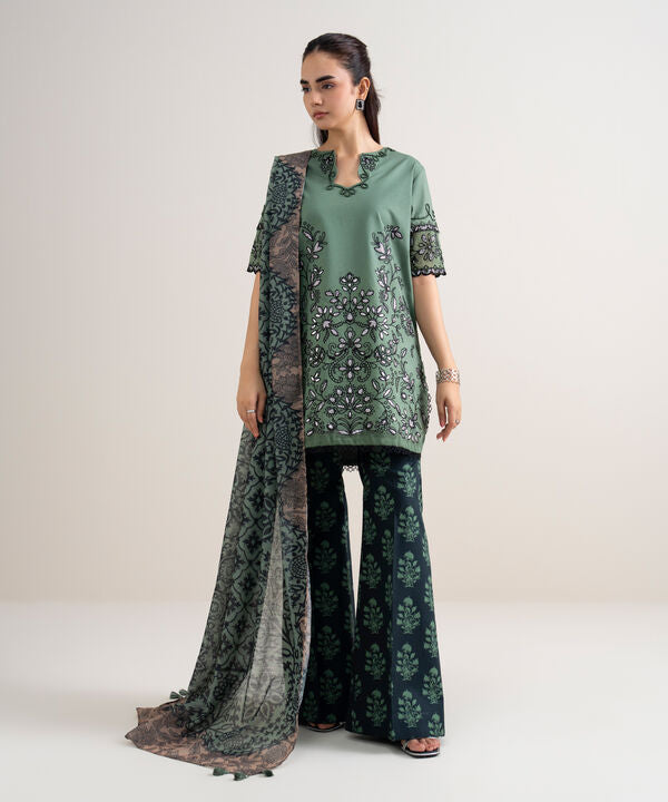 3 Piece - Embroidered Cotton Satin Suit