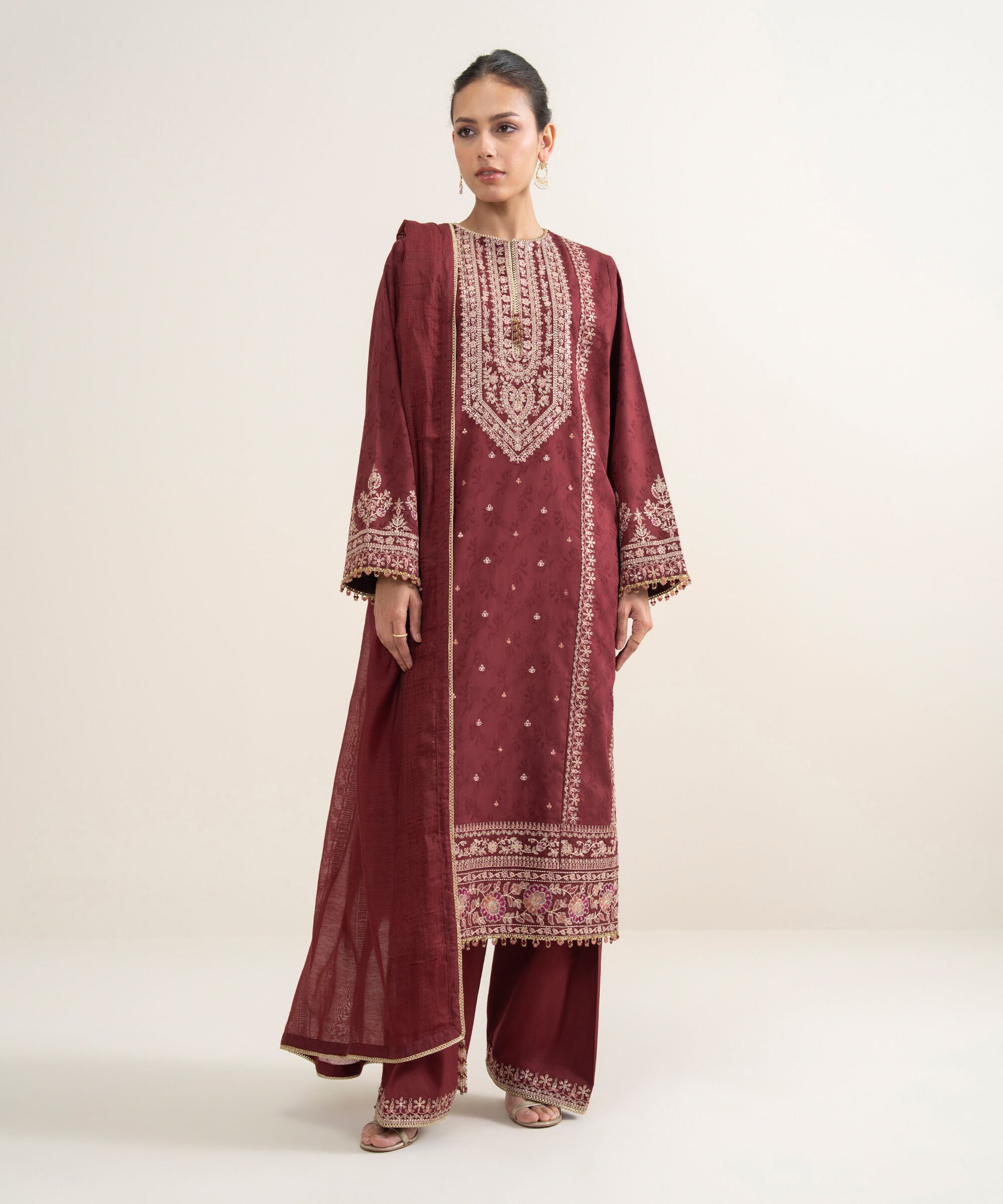 Women's Unstitched Cotton Jacquard Embroidered Red 3 Piece Suit