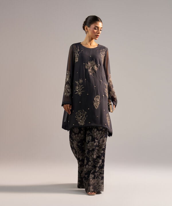 2 Piece - Embroidered Chiffon Suit
