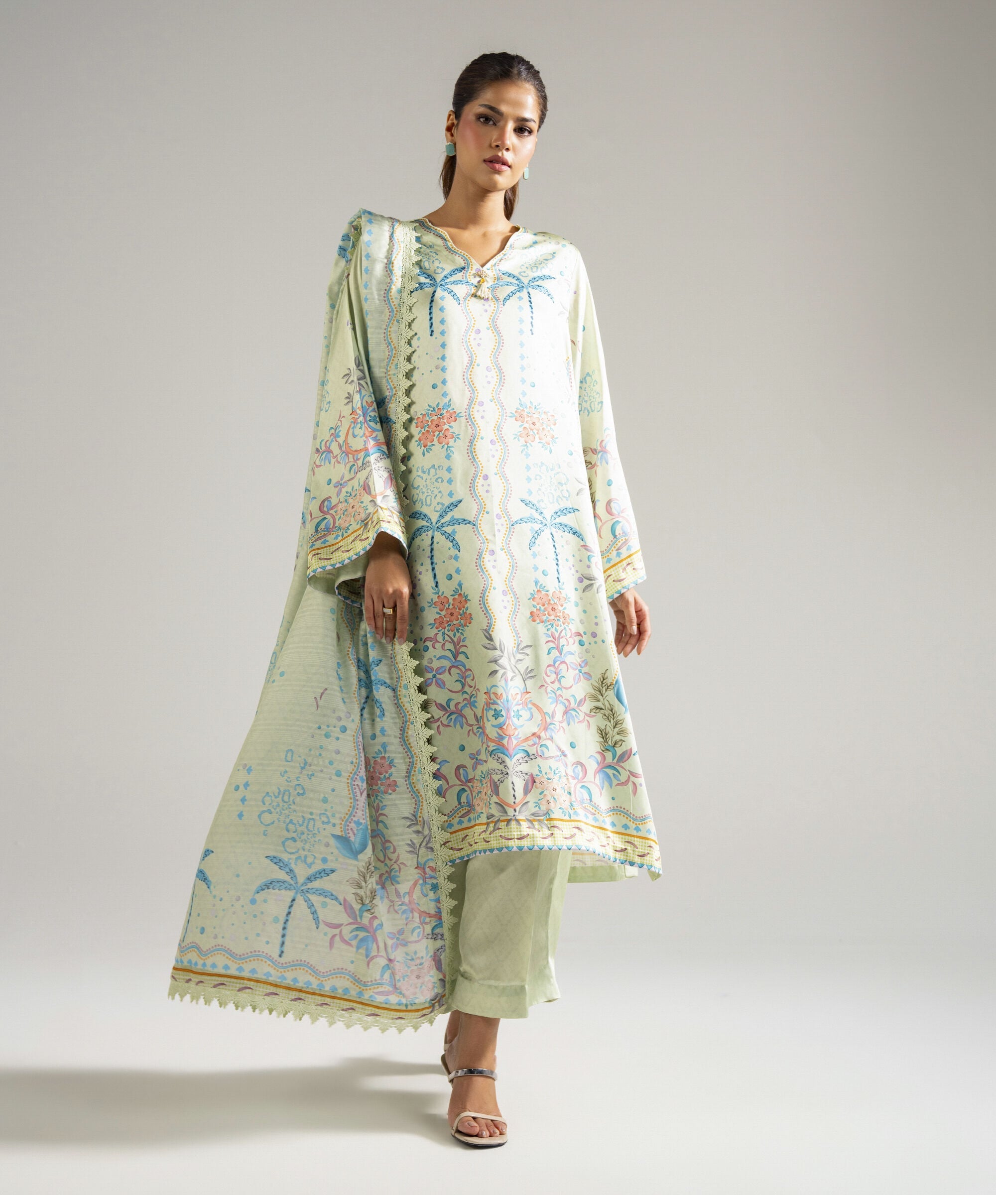 Women's RTW Blended Satin Printed Mint Green 3 Piece Suit