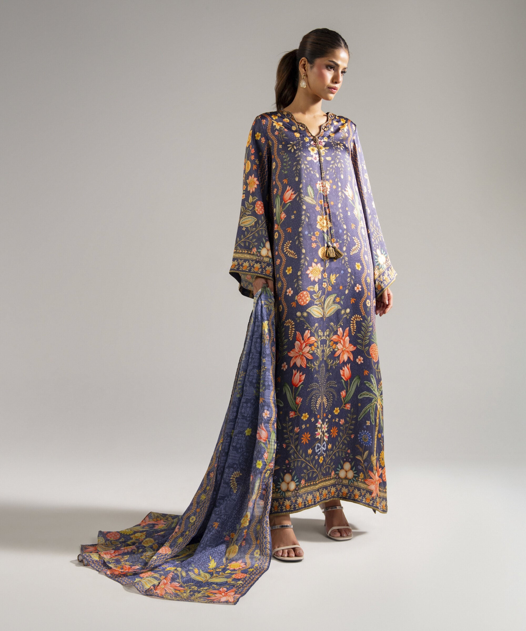 Women's RTW Blended Satin Printed Purple 3 Piece Suit