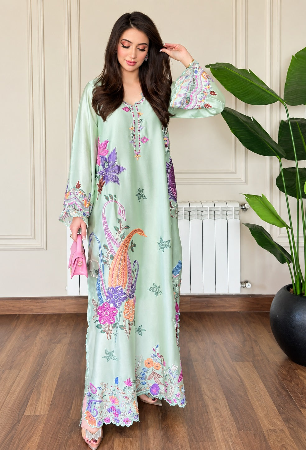 Zinnia Fatima Mustafa – Minal Mint Luxury Embroidered Sheesha Silk 3Pc Unstitched Kaftan Suit PA-154