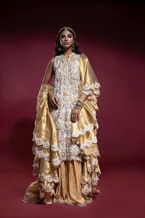 Gold Lamé Kameez with Ivory Embroidery, Crushed Lehnga and Ruffled Dupatta
