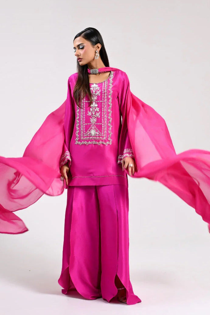 Huma Mistry Luxury Tussle Silk Embroidered Unstitched 3PC Suit -Fuchsia Flame