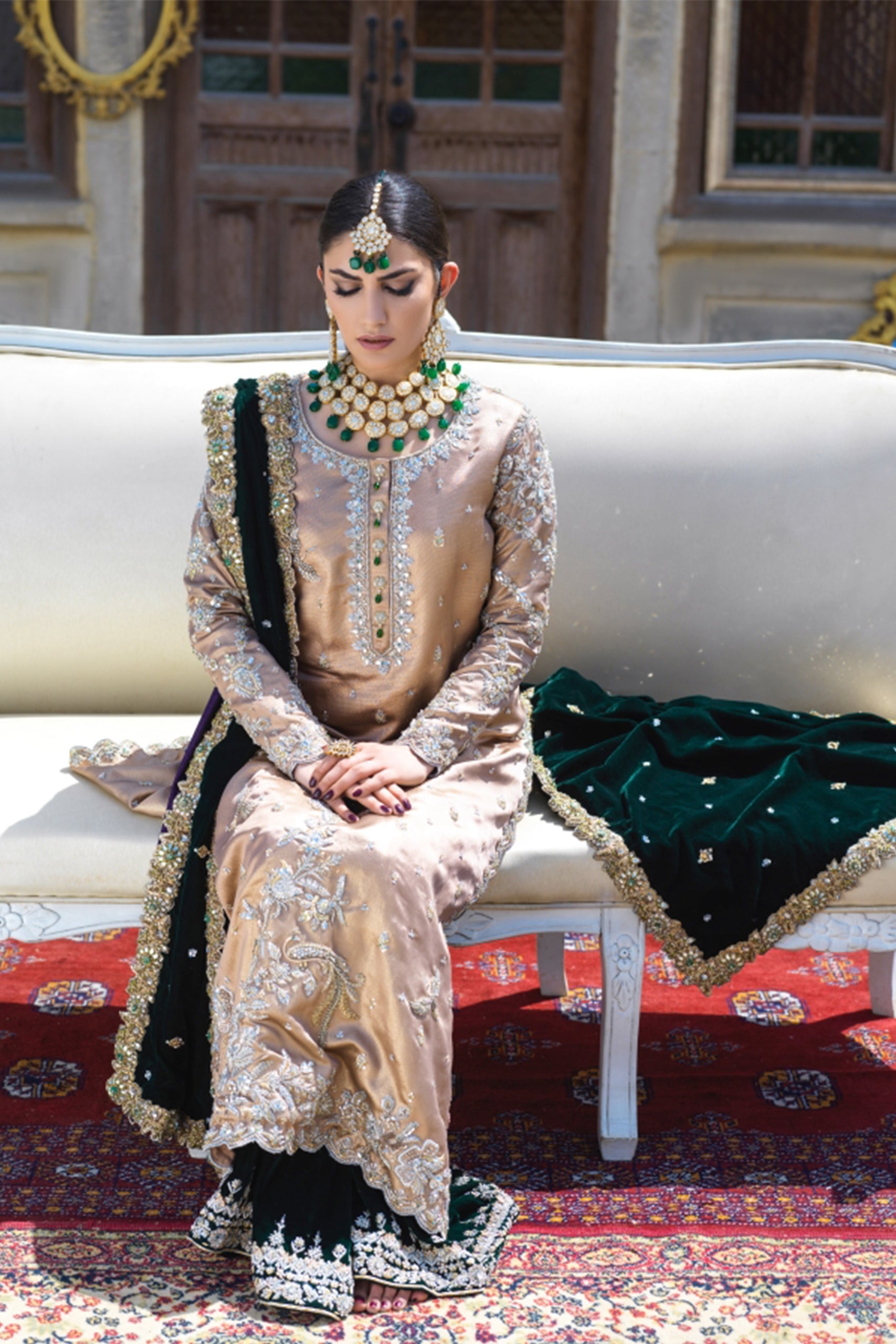Rose Gold Lamé Tunic with Bottle Green Velvet Izaar and Chadar