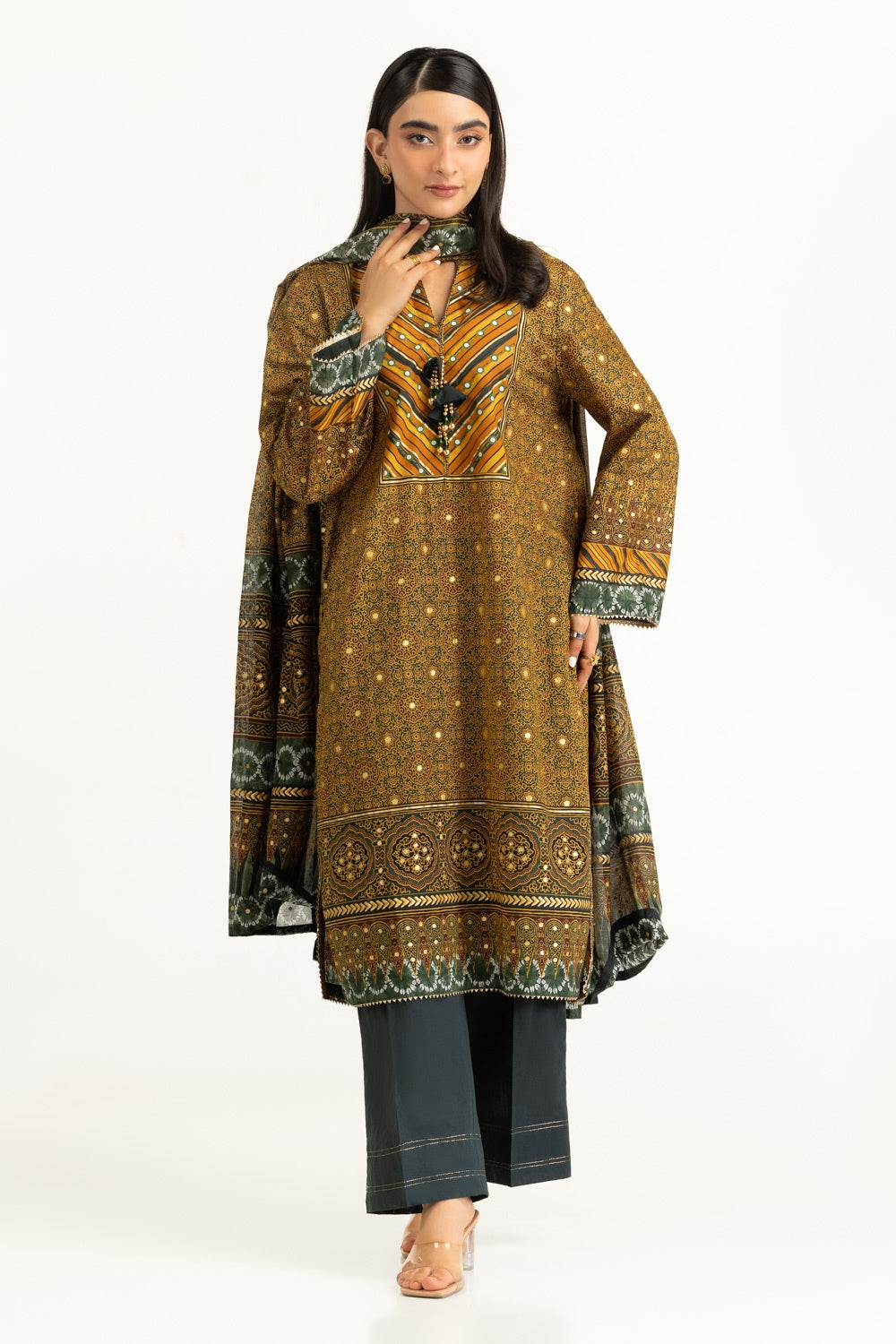 3Pc Lawn Gold Printed Suit