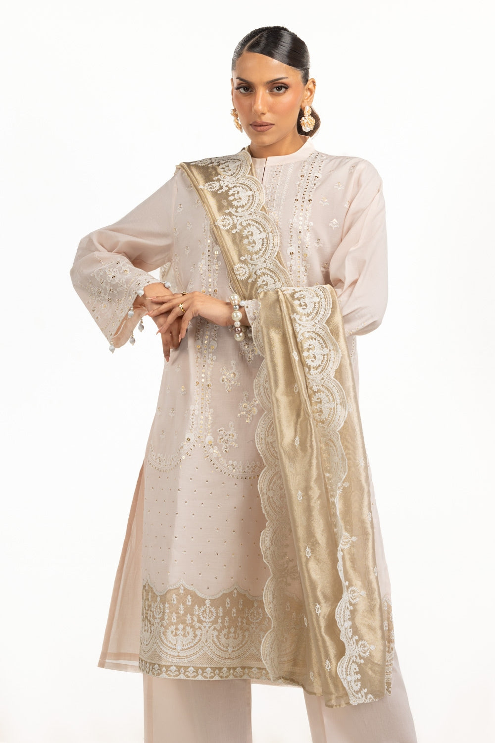 3Pc Paper Cotton Embroidered Suit