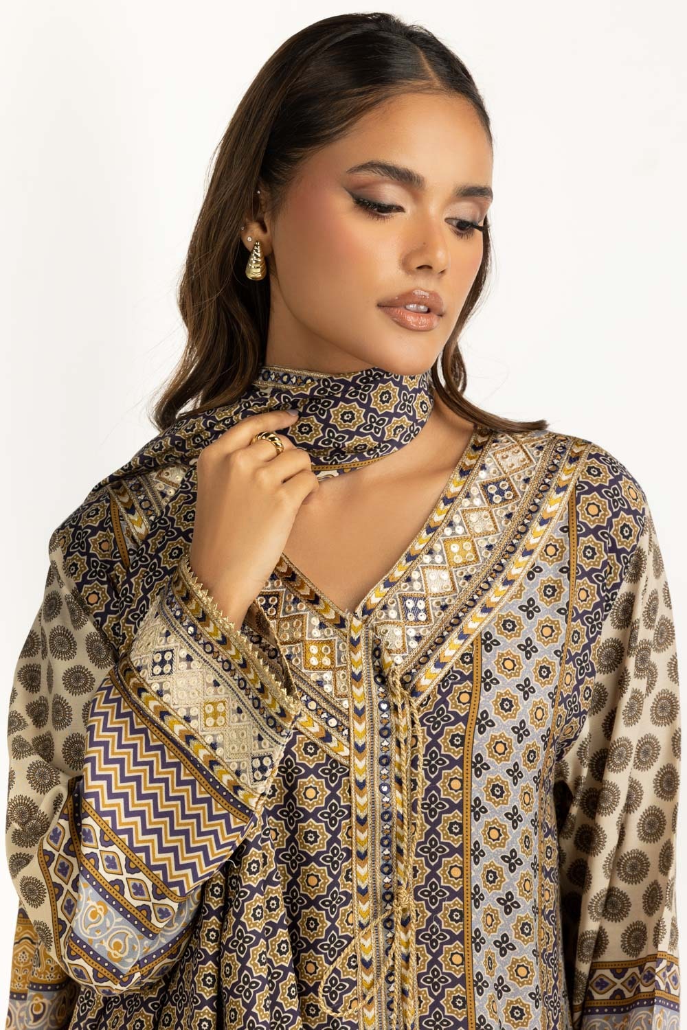 3PC Printed Rawsilk Embroidered Suit