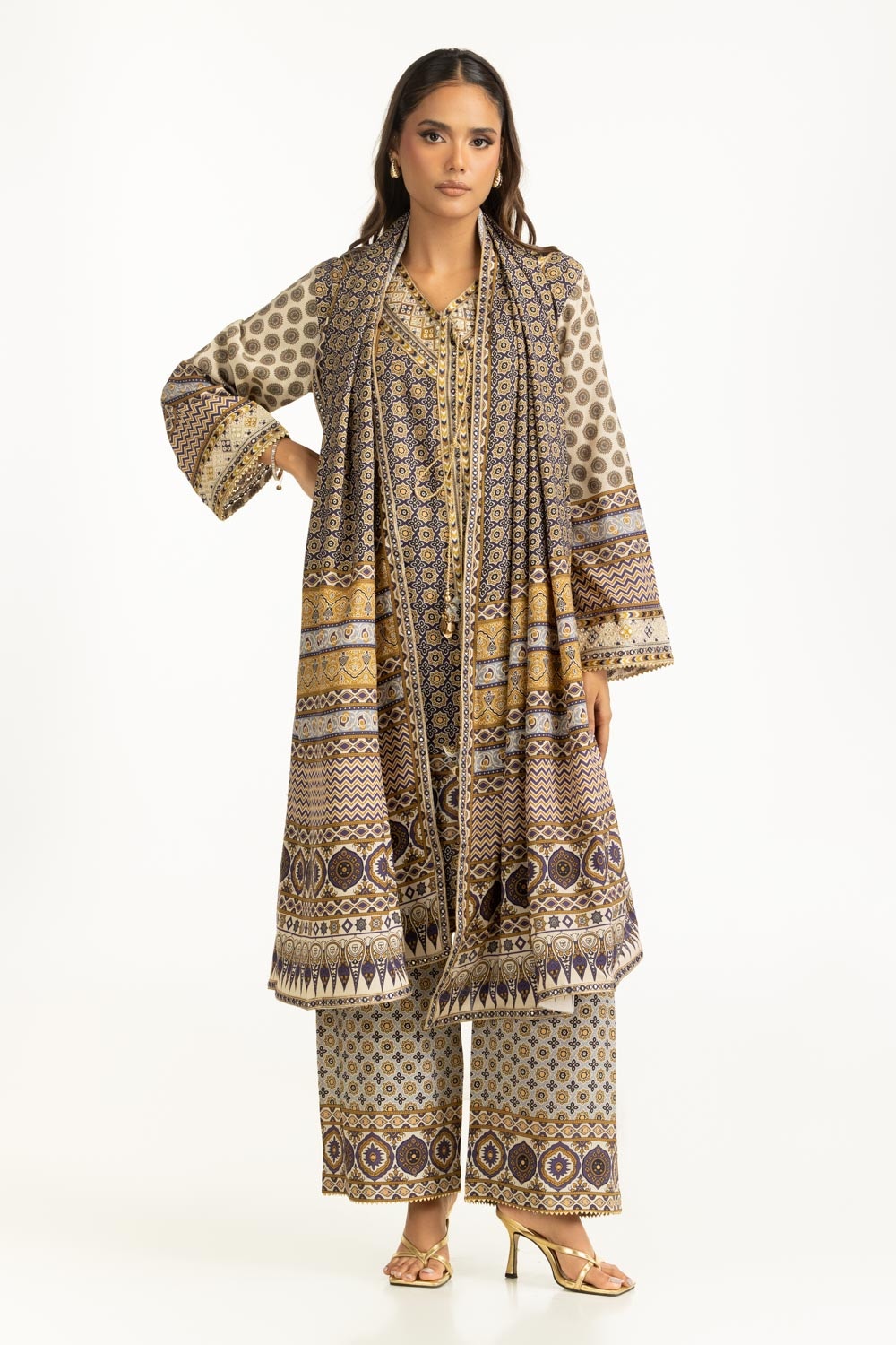 3PC Printed Rawsilk Embroidered Suit