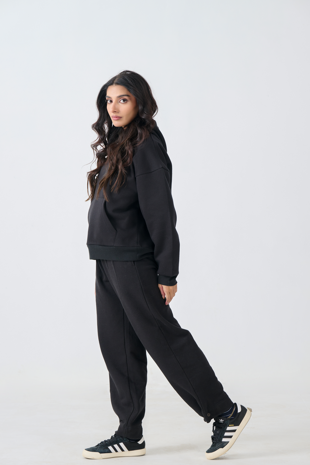 Loose Fit Fleece Pull Over Hoodie with Digital Print Patch (Black)