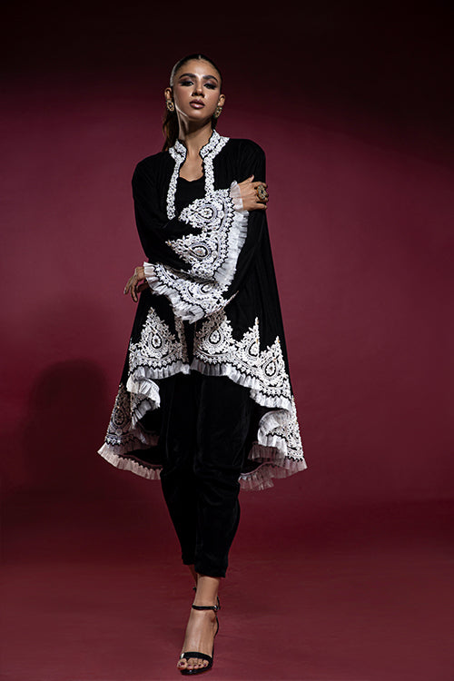 Black Velvet Coat with Trouser and Bustier Top
