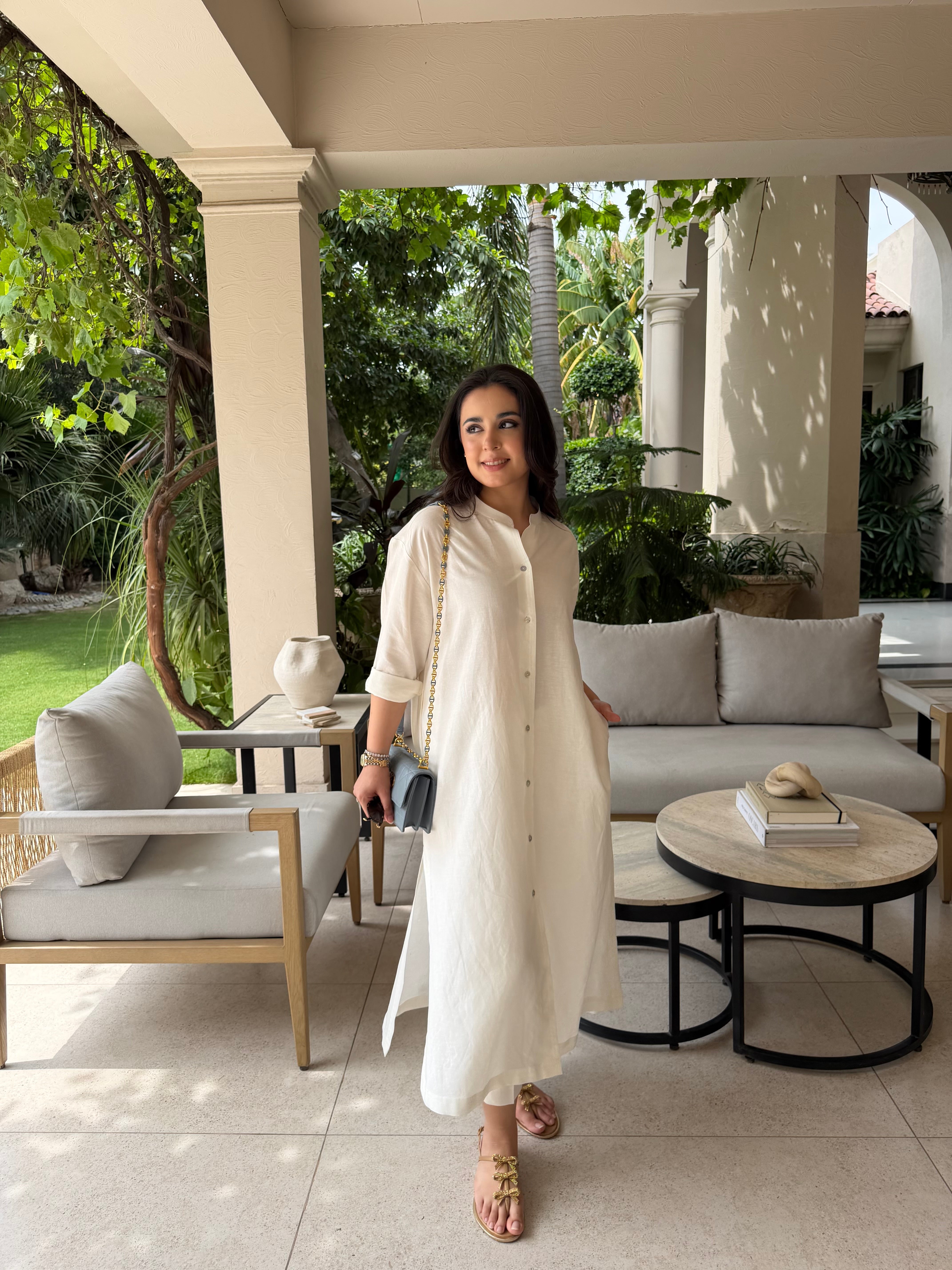 Oversized Linen Shirt Dress in White