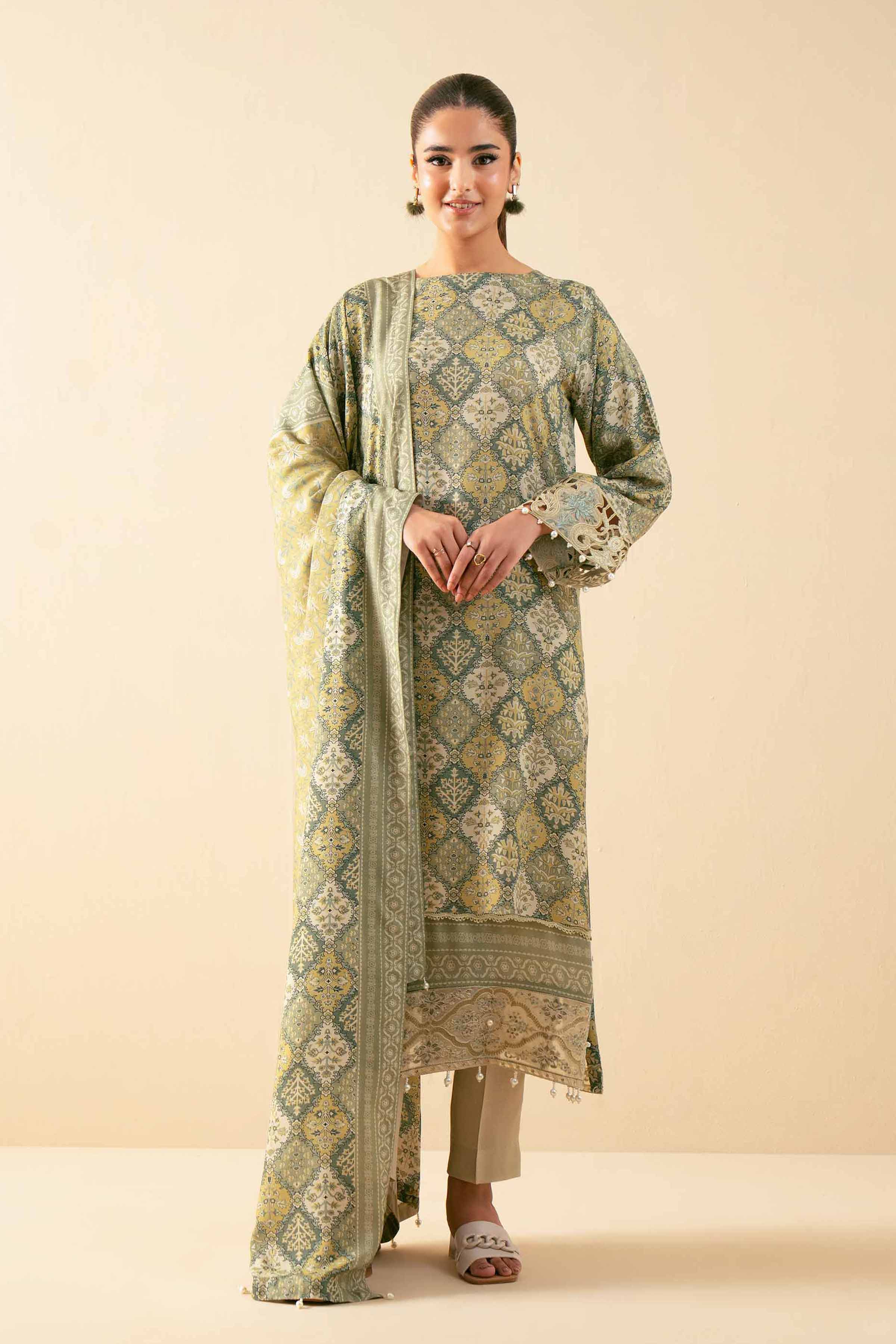 3 Piece - Printed Embroidered Suit - 42502822