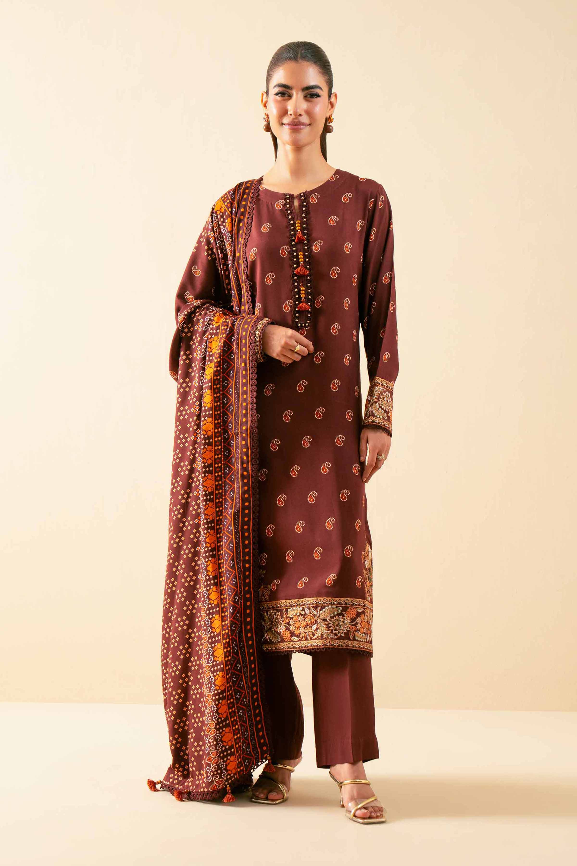 3 Piece - Printed Embroidered Suit - 42502826