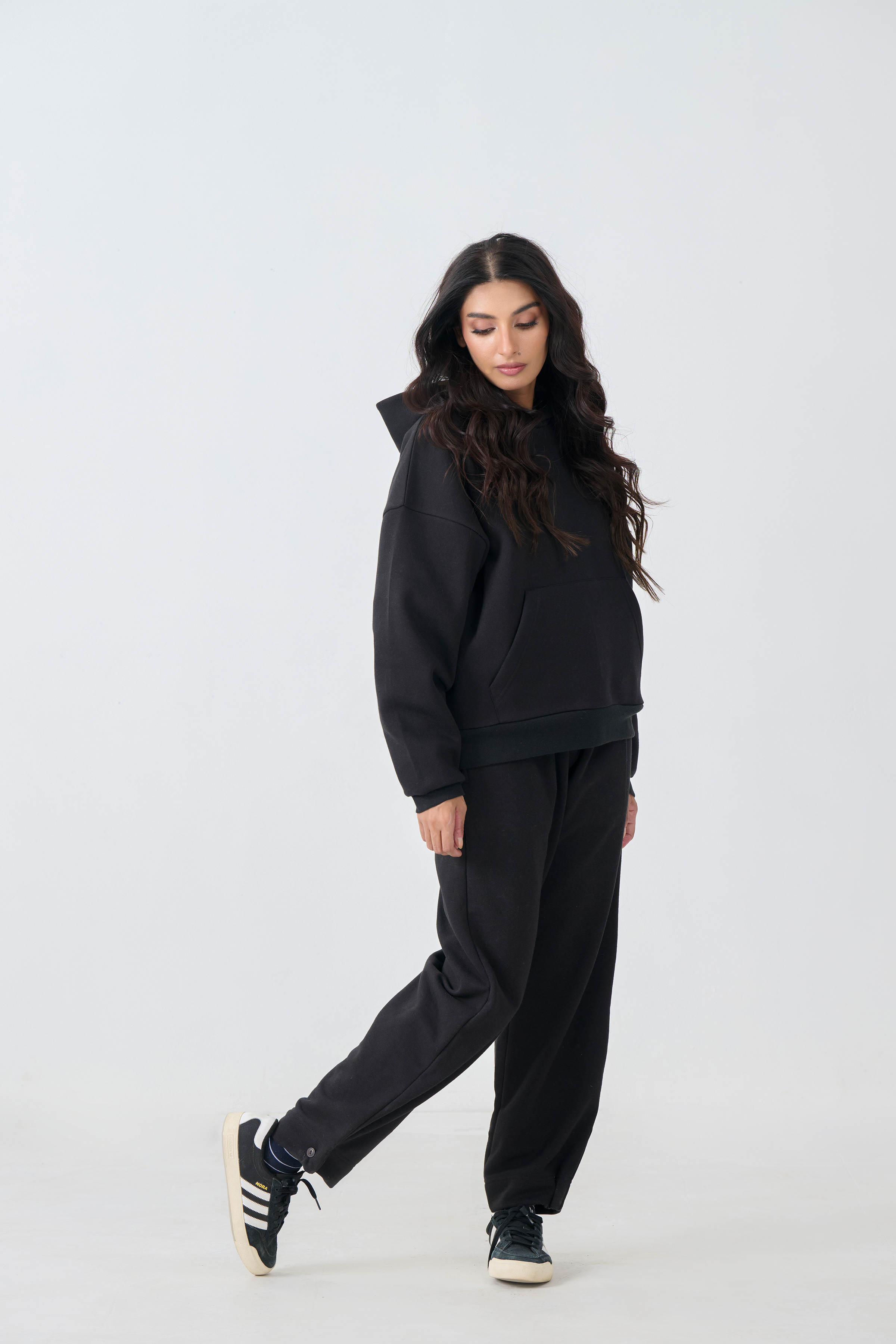 Loose Fit Fleece Pull Over Hoodie with Digital Print Patch (Black)