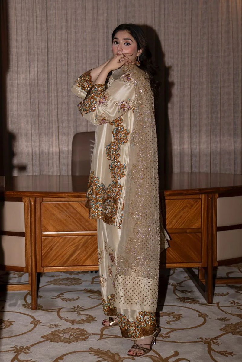 Muse Lambs Crème Embellished Raw Silk Addawork Hand Embellished Wedding Collection-Beige