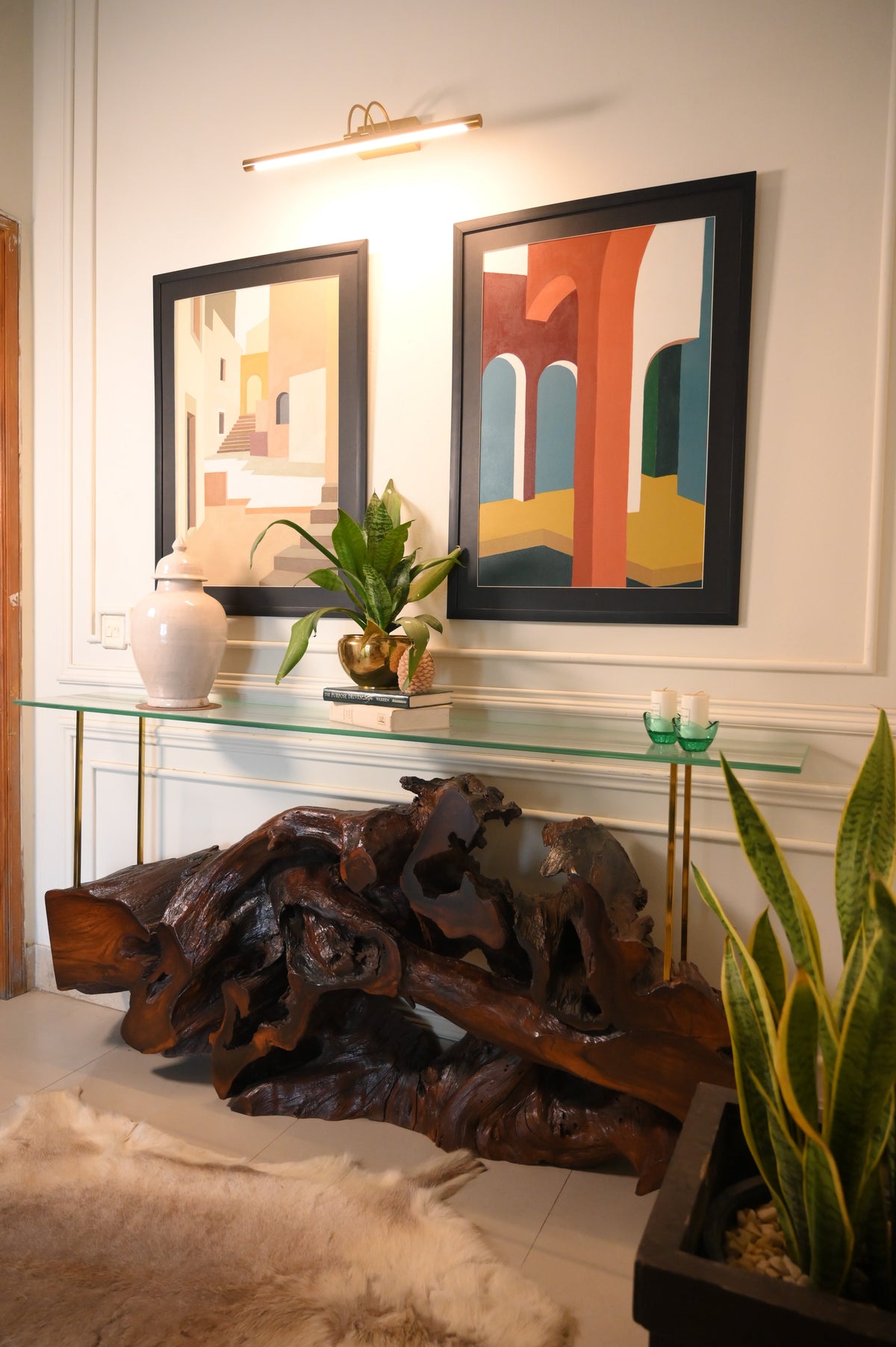Sheesham live edge console with glass top