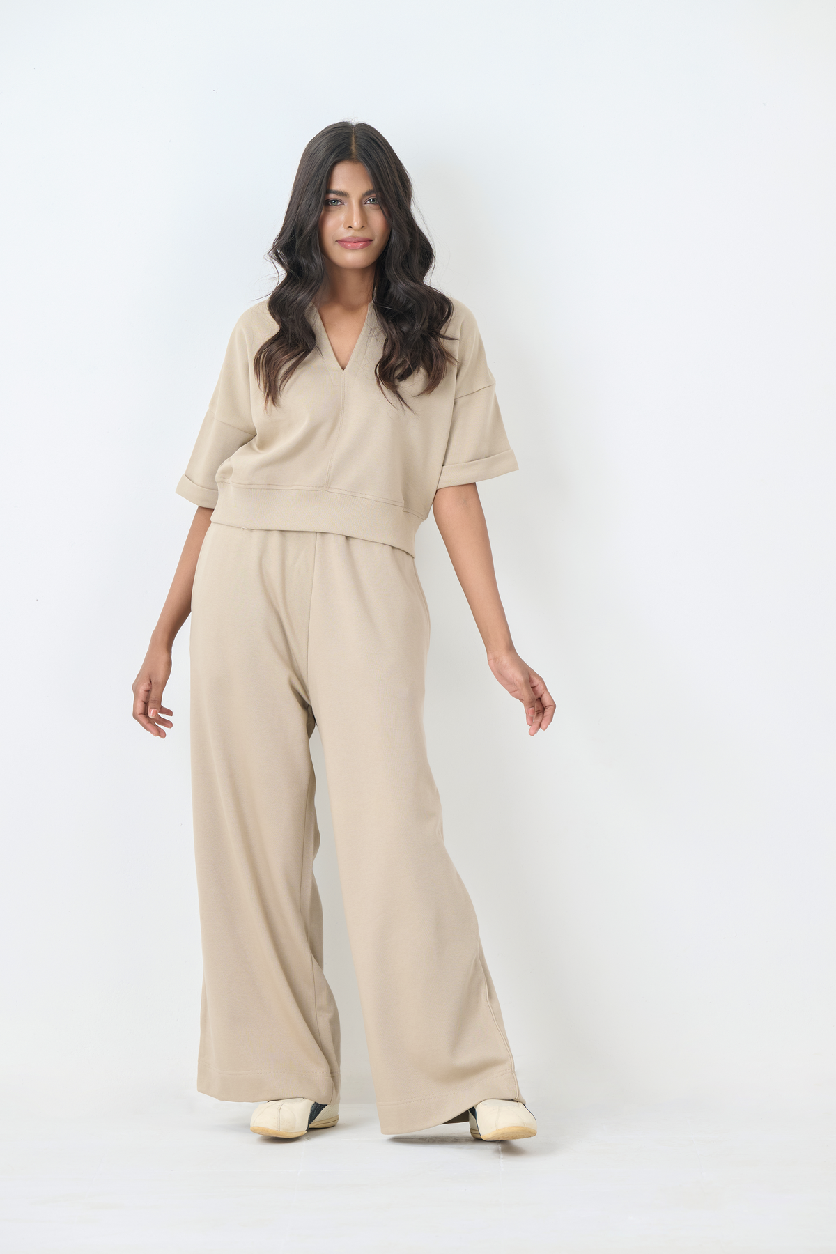 French Terry V-Neck Top (Beige)
