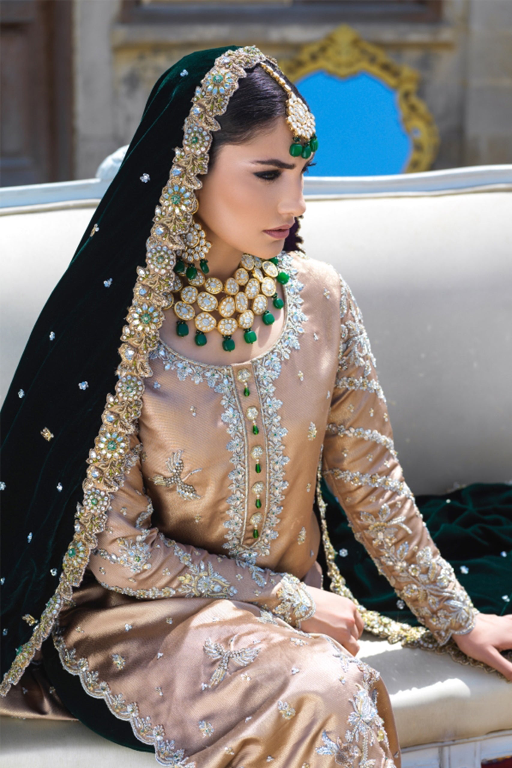 Rose Gold Lamé Tunic with Bottle Green Velvet Izaar and Chadar
