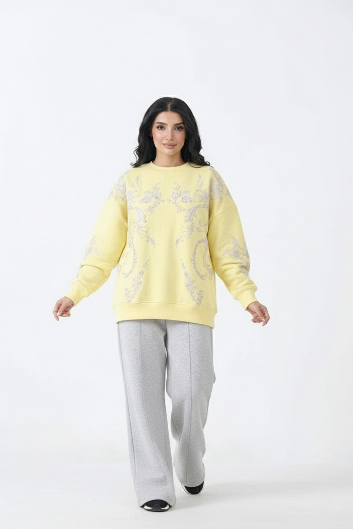 Loose Fit Fleece Sweatshirt with Emboss Print (Yellow)