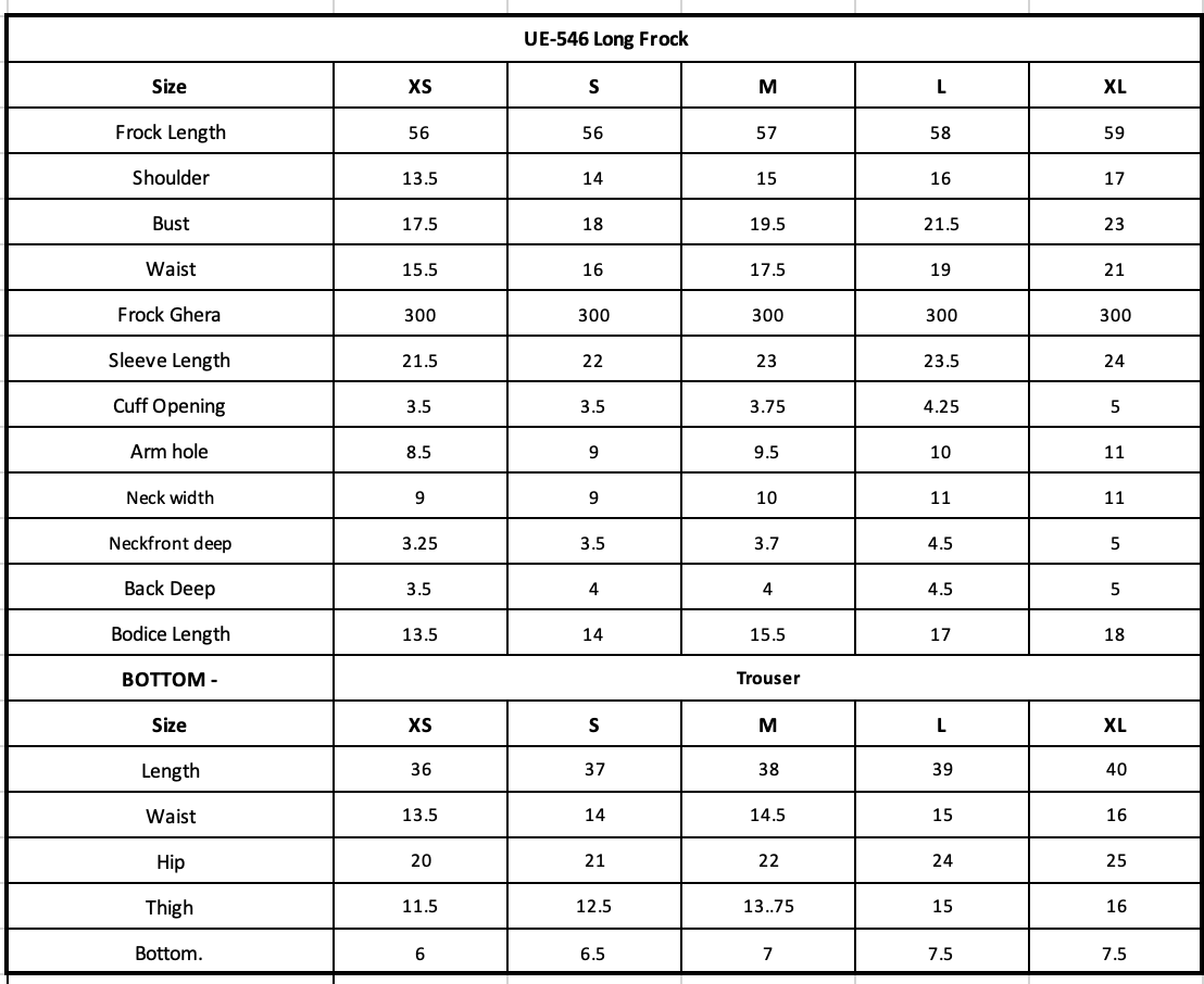 Size Chart (inches)