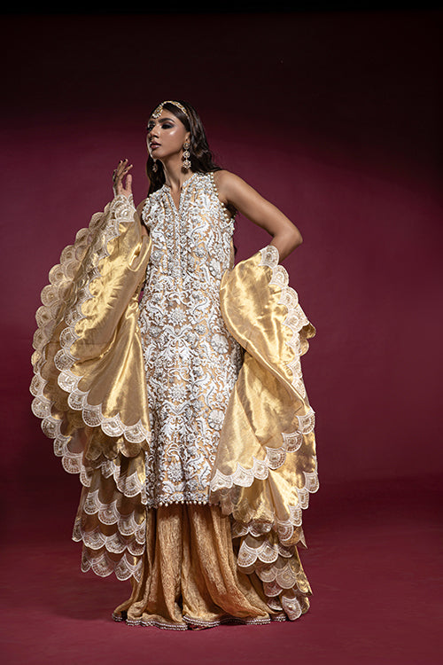 Gold Lamé Kameez with Ivory Embroidery, Crushed Lehnga and Ruffled Dupatta