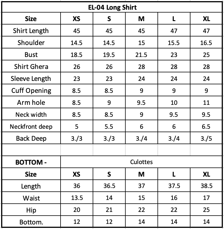 Size Chart (inches)