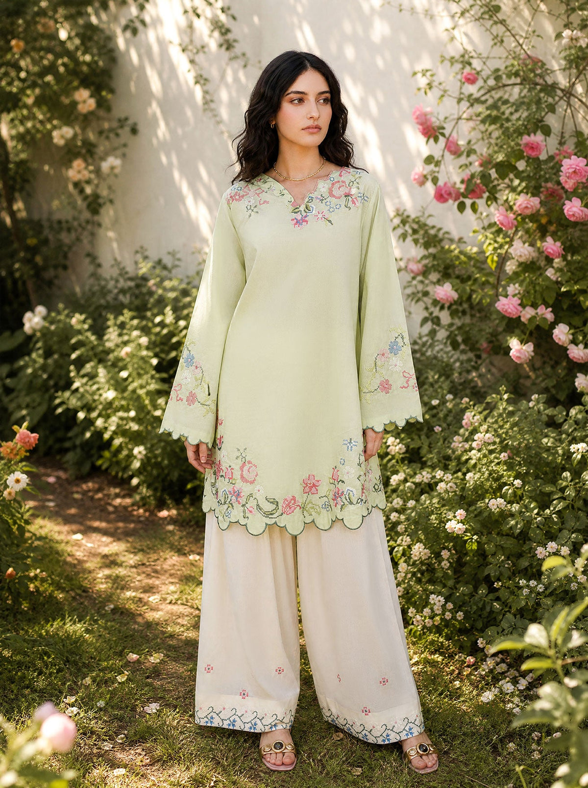 SS26DC-2626 LIGHT GREEN 2PCS EMBROIDERED KURTA WITH TROUSER