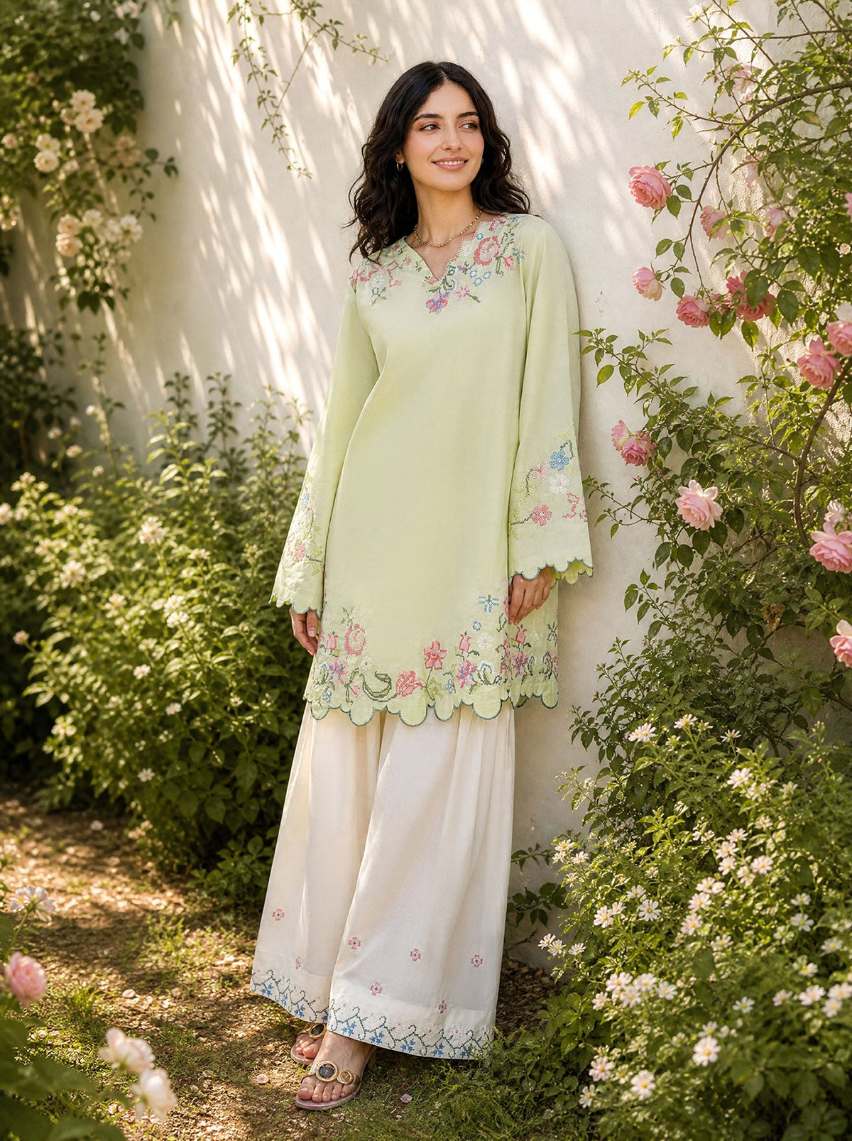 SS26DC-2626 LIGHT GREEN 2PCS EMBROIDERED KURTA WITH TROUSER