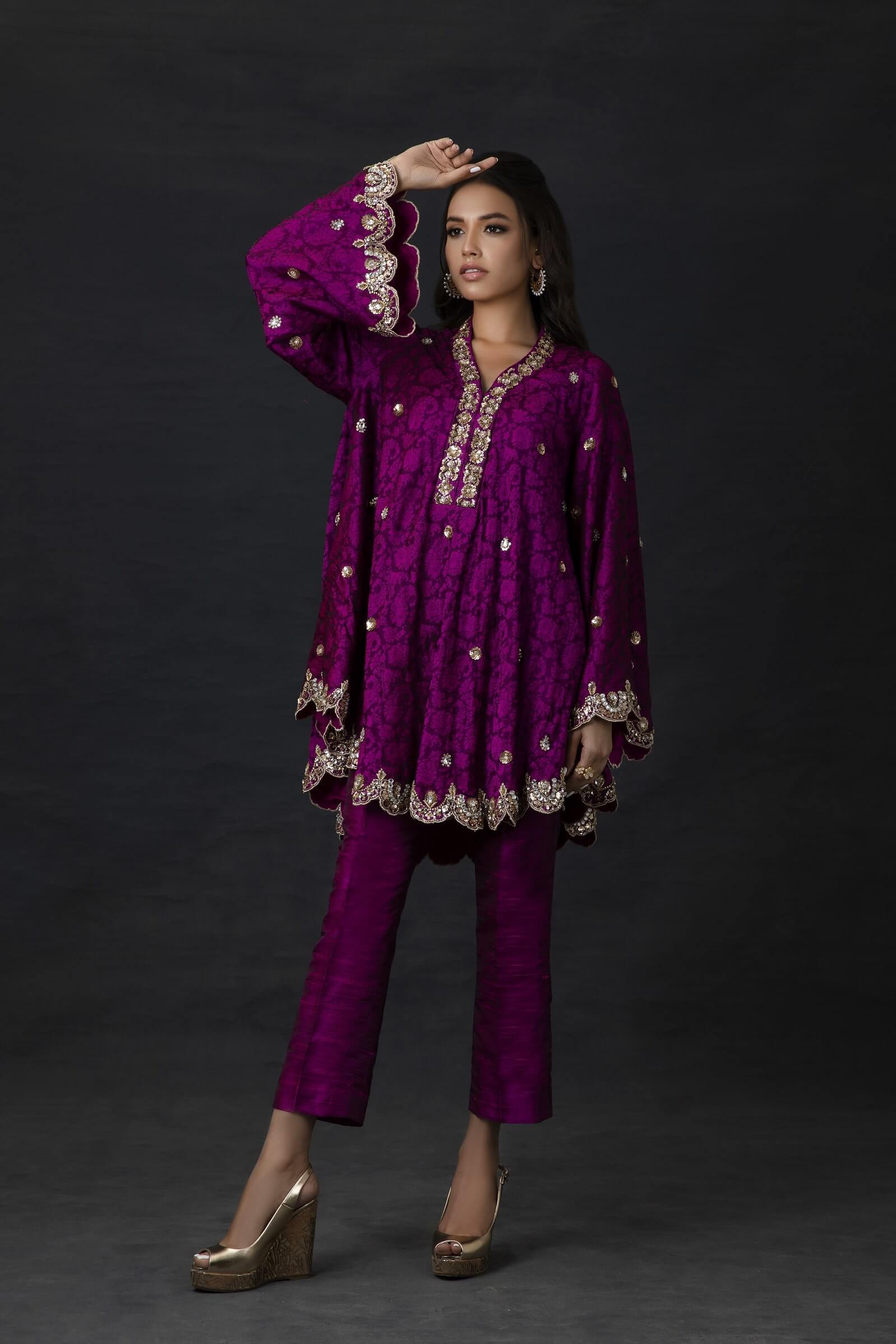 Magenta Embellished Bias Cut Tunic with Cropped Trousers