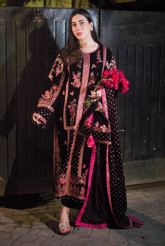 Aneelas Luxury Velvet Suit 3 Piece Unstitched - Oceans