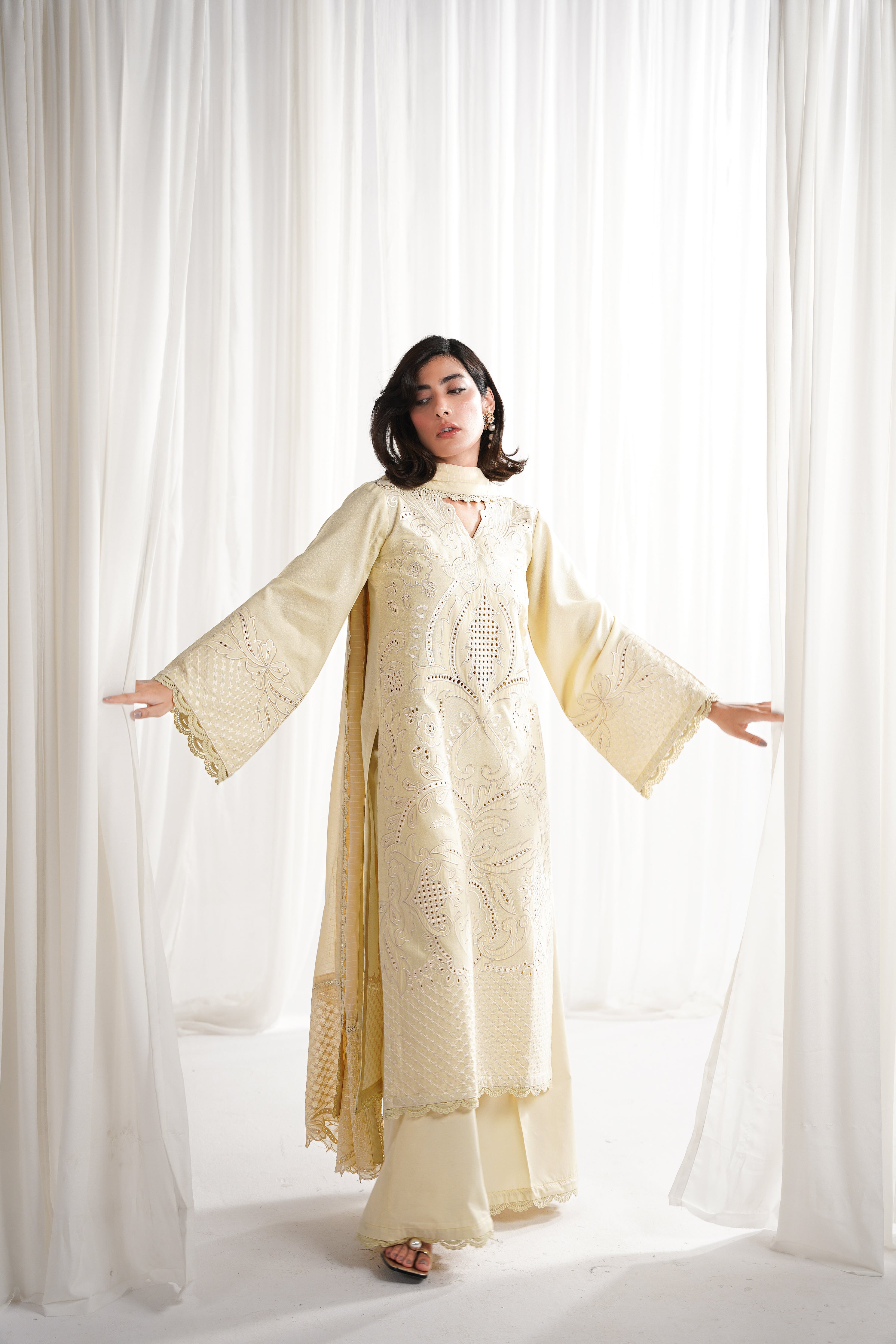 BUTTER YELLOW LUXURY EMBROIDERED 3PCS SET NPA3-25420 (EID 2025 READY TO WEAR) - EXPRESS SHIPPING