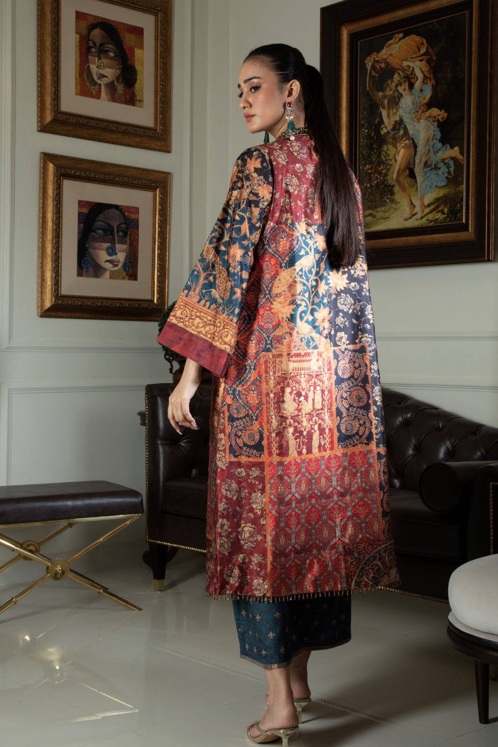Collage print jacket outfit