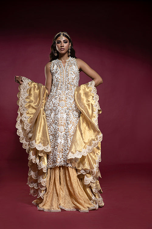 Gold Lamé Kameez with Ivory Embroidery, Crushed Lehnga and Ruffled Dupatta