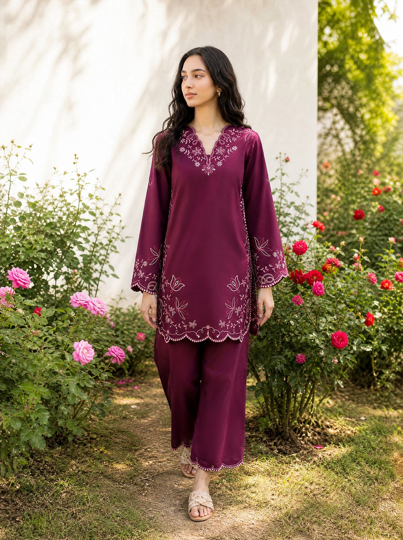 SS26DC-2628 PLUM 2PCS EMBROIDERED KURTA WITH TROUSER