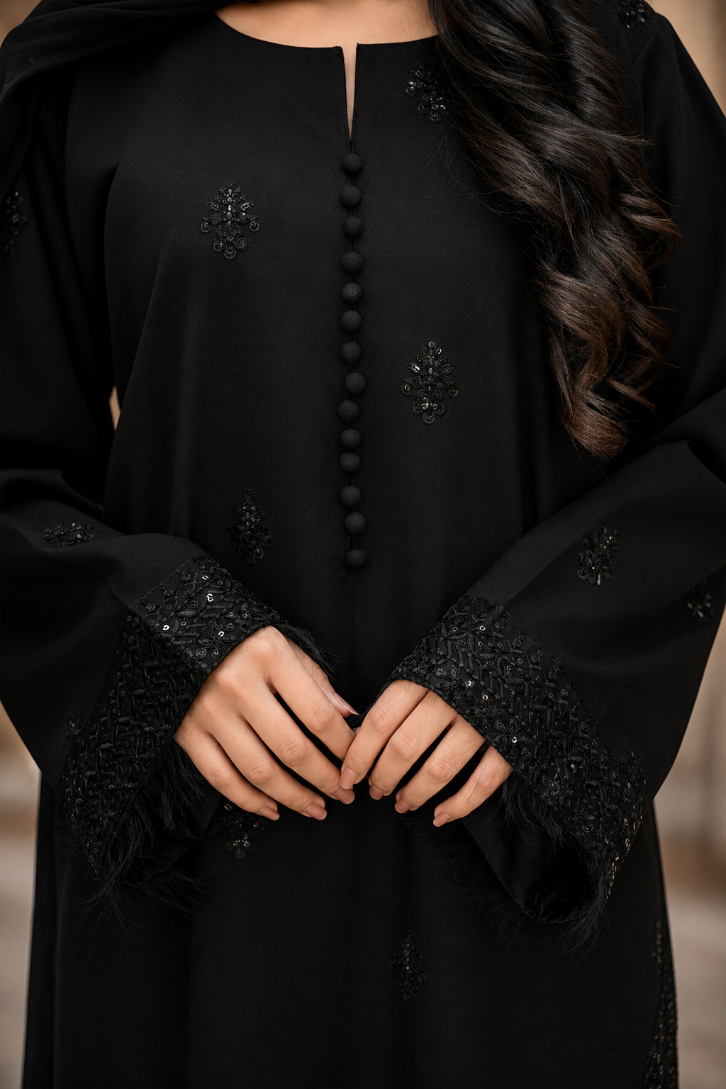 Shab-e-Noor - Black 3 Piece Stitched Suit with black Sequence Work | Luxury Pret