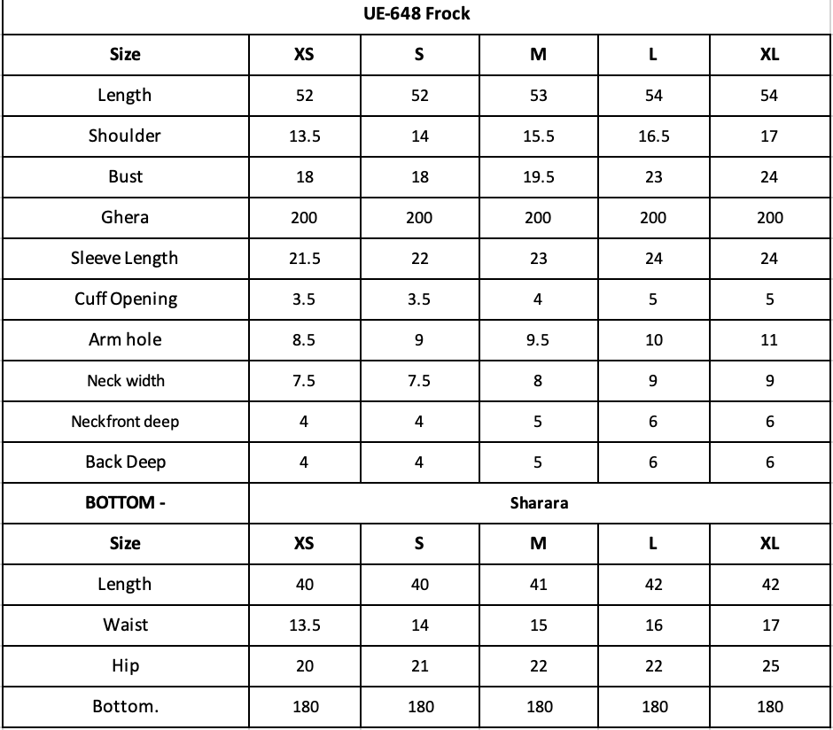 Size Chart (inches)