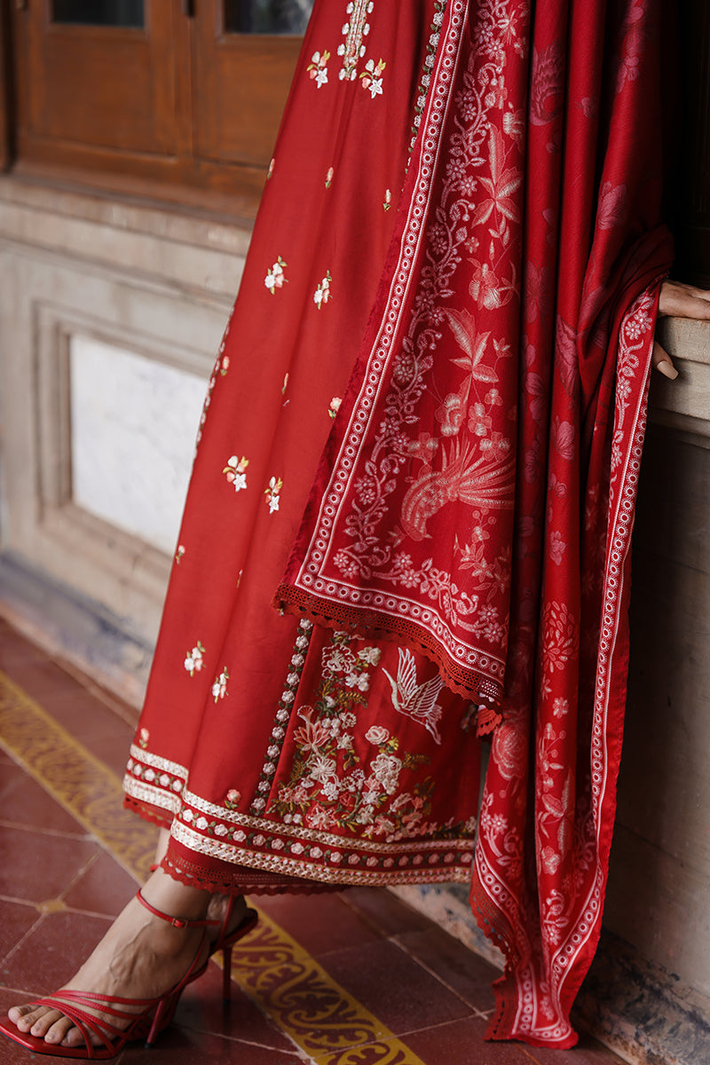 RUBY WHISPER-3PC SATIN EMBROIDERED SUIT UNSTITCH / RED / SATIN (RTS)-CROSS STITCHED